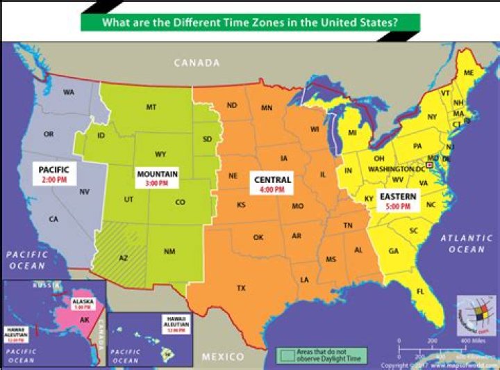 How many time zones does continental US span?