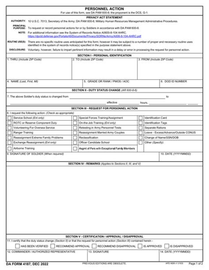 What is a 4187 form in the Army?